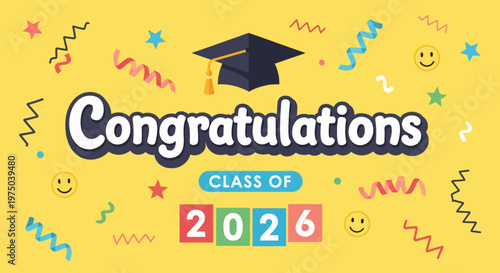 Celebratory Graduation Announcement for the Class of 2026 with Festive Confetti and Bright Colors