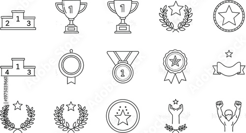 Awards and achievement line icon set with winner trophy gold medal and competition podium vector illustration