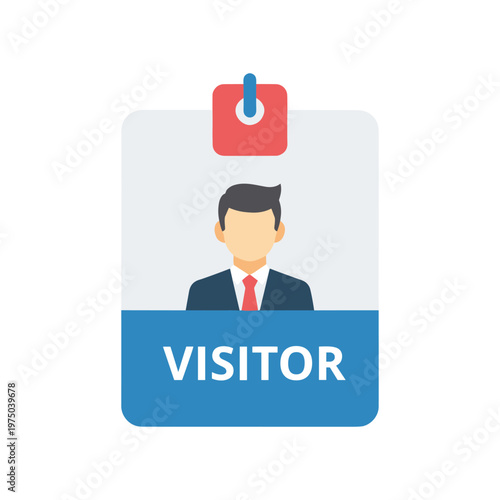 Visitor identification badge with photo of man in suit and tie, access pass for office entry, security credential for guests, laminated visitor tag.