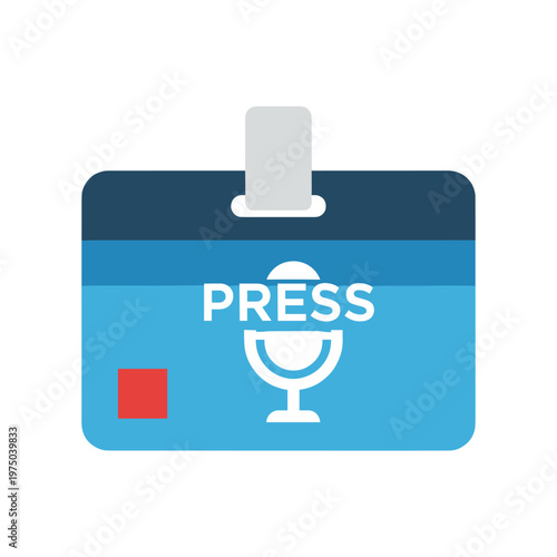 Official press identification badge with microphone icon and bold white text for journalists reporters and media professionals providing authorized access to news events and interviews outdoors.