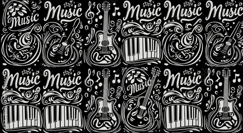 Black and white music seamless pattern with guitars pianos and musical notes
