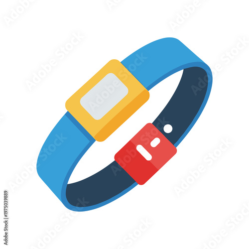 Wristband identifier with red and yellow elements, blue band, white screen, and a clasp for access or security, simple wearable technology for events or identification purposes.