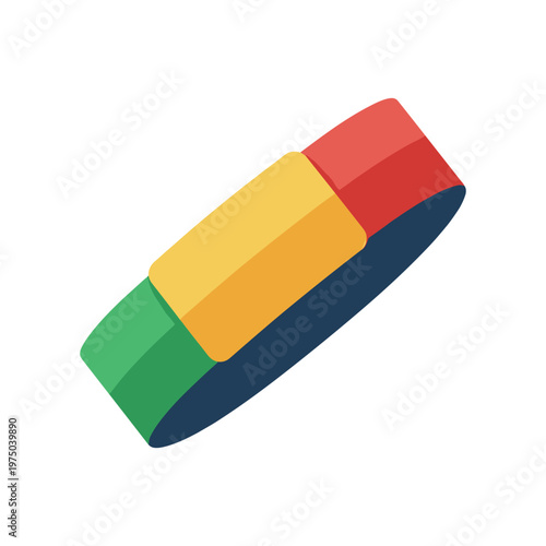 Fitness tracker band with green, yellow, red, and blue segments, dark blue base, conceptual object for health monitoring and activity tracking, simple electronic device.