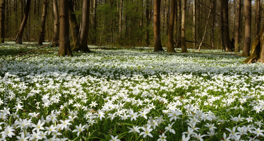 Fototapeta premium Forest glade full of white spring flowers
