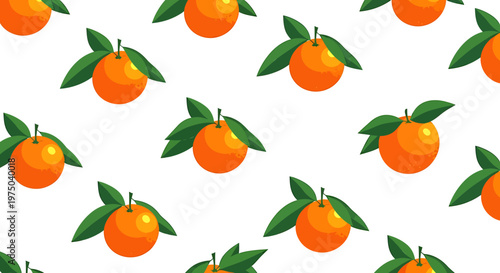 Cartoon oranges with green leaves on white background seamless pattern