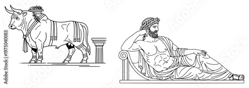 Ancient greek god resting on couch near decorated bull in classical engraving style