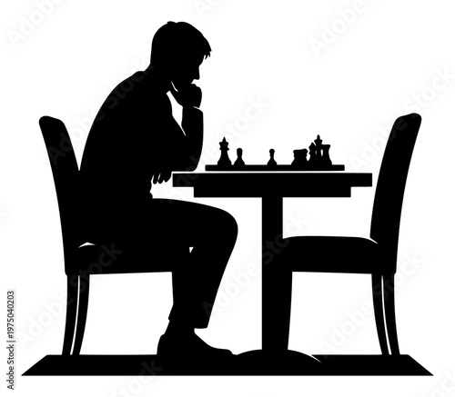 Thinking man playing chess game at table strategy concept black silhouette