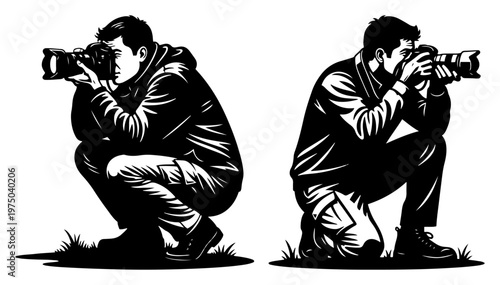 Photographer kneeling while taking pictures with professional camera equipment in black and white stencil style