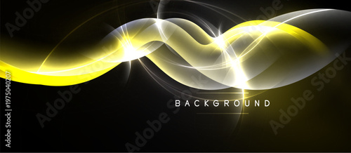 Abstract golden waves over black background. Bright light effects create dynamic, flowing design. Modern, elegant visual.