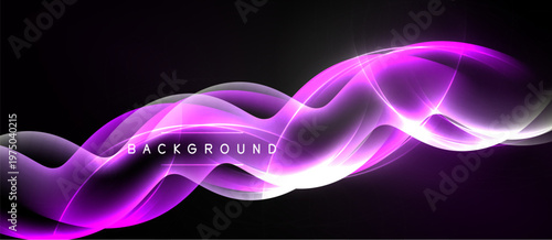 Abstract purple waves flow across black space. Bright light highlights curves, creating dynamic background effect. Simple, modern design.