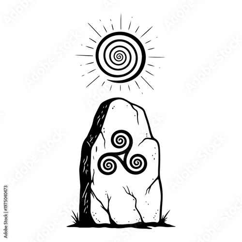 Megalithic stone with triskele symbol and spiral sun in ancient woodcut style