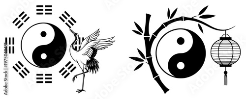 Yin yang symbols with crane and bamboo in minimalist oriental style
