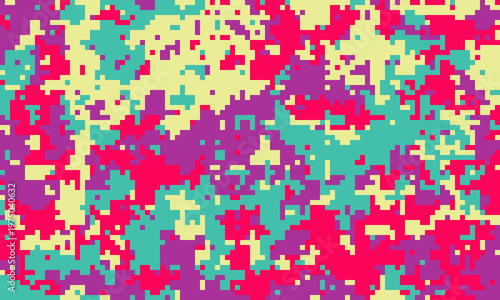 Vibrant pixelated camouflage pattern in pink, teal, purple, and yellow.  Ideal for fashion, web design, or digital art projects needing a bold, modern texture.