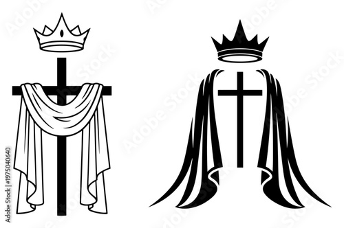 Crucifixion cross with royal crown and draped shroud fabric in black and white graphic style