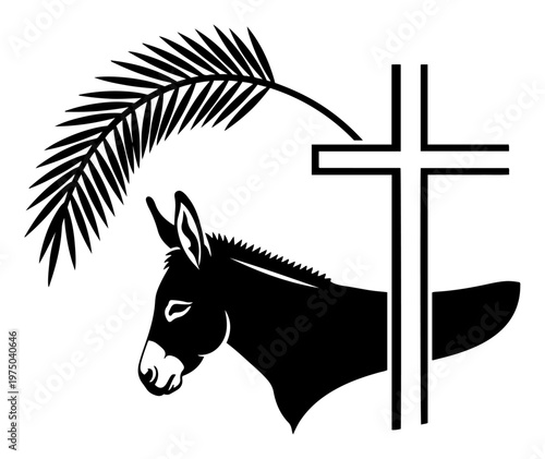 Palm Sunday scene with donkey head silhouette palm branch and cross in minimalist graphic style