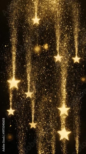 A beautiful background featuring glowing golden stars falling down with sparkling light particles on a dark black surface