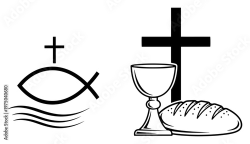 Holy communion symbols including chalice bread and fish with cross in black line art