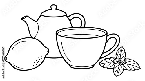 Teapot and cup of tea with lemon and mint leaves in minimalist line art style