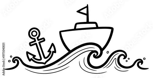 Boat sailing on ocean waves with anchor in minimalist line art style