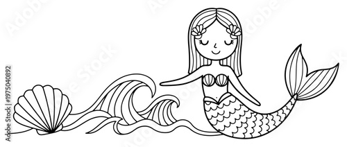 Mermaid swimming in ocean waves with seashell in line art style