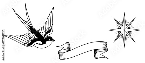 Swallow bird with ribbon banner and nautical star in vintage engraving style