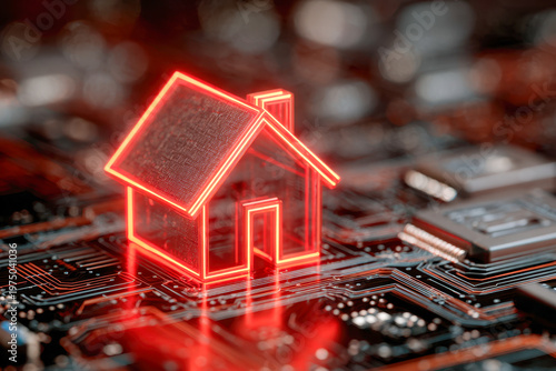 Red neon house icon glowing on a futuristic microchip circuit board symbolizing smart home technology and digital connectivity in high tech environments