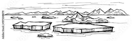 Icebergs floating in the arctic ocean with mountains in hand drawn sketch style