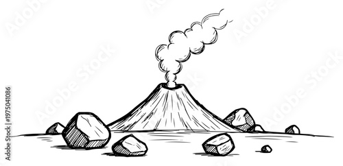 Erupting volcano with smoke and scattered rocks in hand drawn sketch style