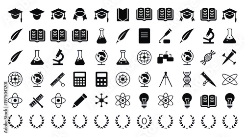 Foto Set of 60 Black and White Education and Science Icons Vector