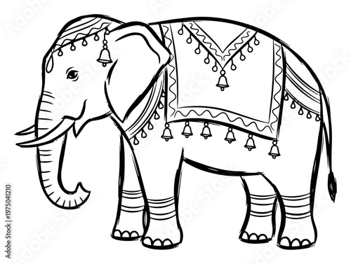 Indian elephant with ceremonial decorations and bells in hand drawn line art style