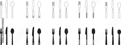 Flatware set collection, fork, knife, spoon, cutlery, editable stroke, vector