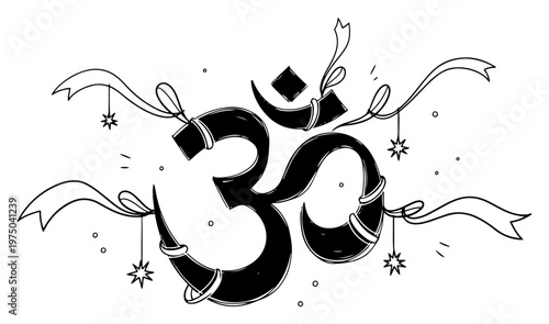 Sacred om symbol decorated with ribbons and stars in spiritual hand drawn style