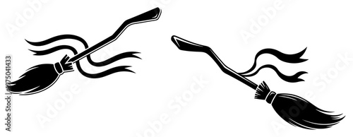 Flying witch brooms with decorative ribbons in black silhouette stencil style