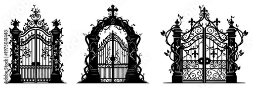 Gothic cemetery gates with ornate wrought iron details and overgrown vines