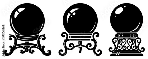 Magic crystal balls on ornate decorative stands in mystic silhouette style