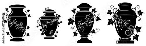 Funeral urn silhouettes decorated with climbing ivy leaves in memorial style