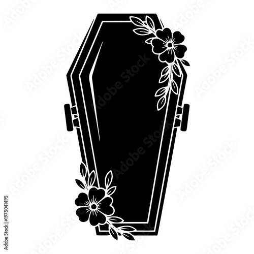Funeral coffin silhouette decorated with floral patterns and flowers in gothic style