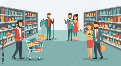 People shopping in a supermarket aisle.