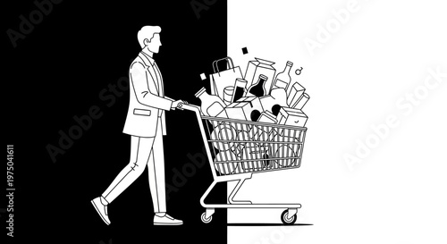Man pushing shopping cart filled with products.