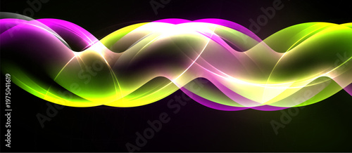 Abstract waves, vibrant colors, flowing forms. Dynamic composition, smooth gradients, dark background creates contrast.