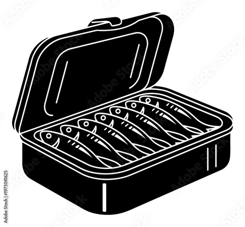 Open tin can of sardines packed in rows in black and white vector style