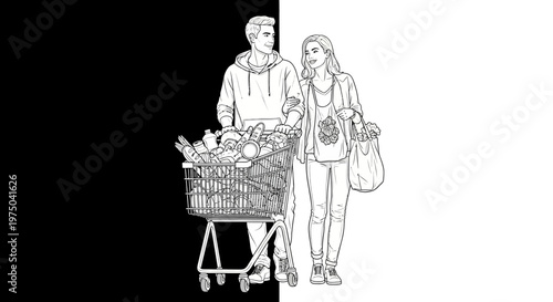Couple shopping with grocery cart.