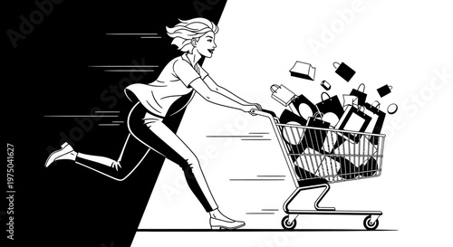 Woman rushing with overloaded shopping cart.