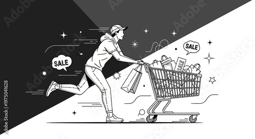 Person running with shopping cart and bags.