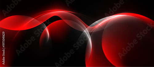 Abstract red shapes overlap black background. Smooth curves create dynamic visual effect. Modern design element.