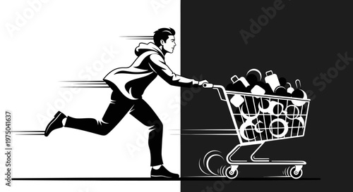 Man rushing with overloaded shopping cart.