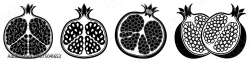 Pomegranate fruit halves and segments in bold silhouette graphic style