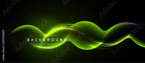 Abstract luminous waves over black backdrop. Bright green glows, smooth curves create dynamic visual effect. Text reads background.