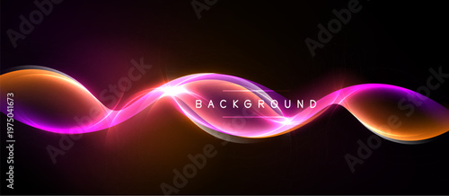 Abstract neon waves flow across black space. Bright orange, pink hues create dynamic visual effect. Text reads background.