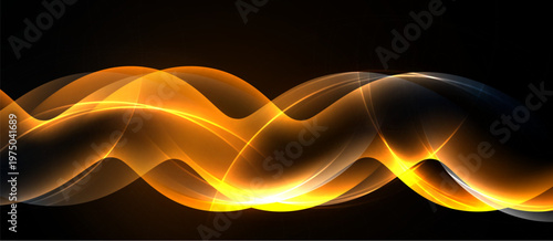 Abstract waves, vibrant orange glow, dark background. Smooth curves create dynamic visual effect. Energy flows throughout composition.